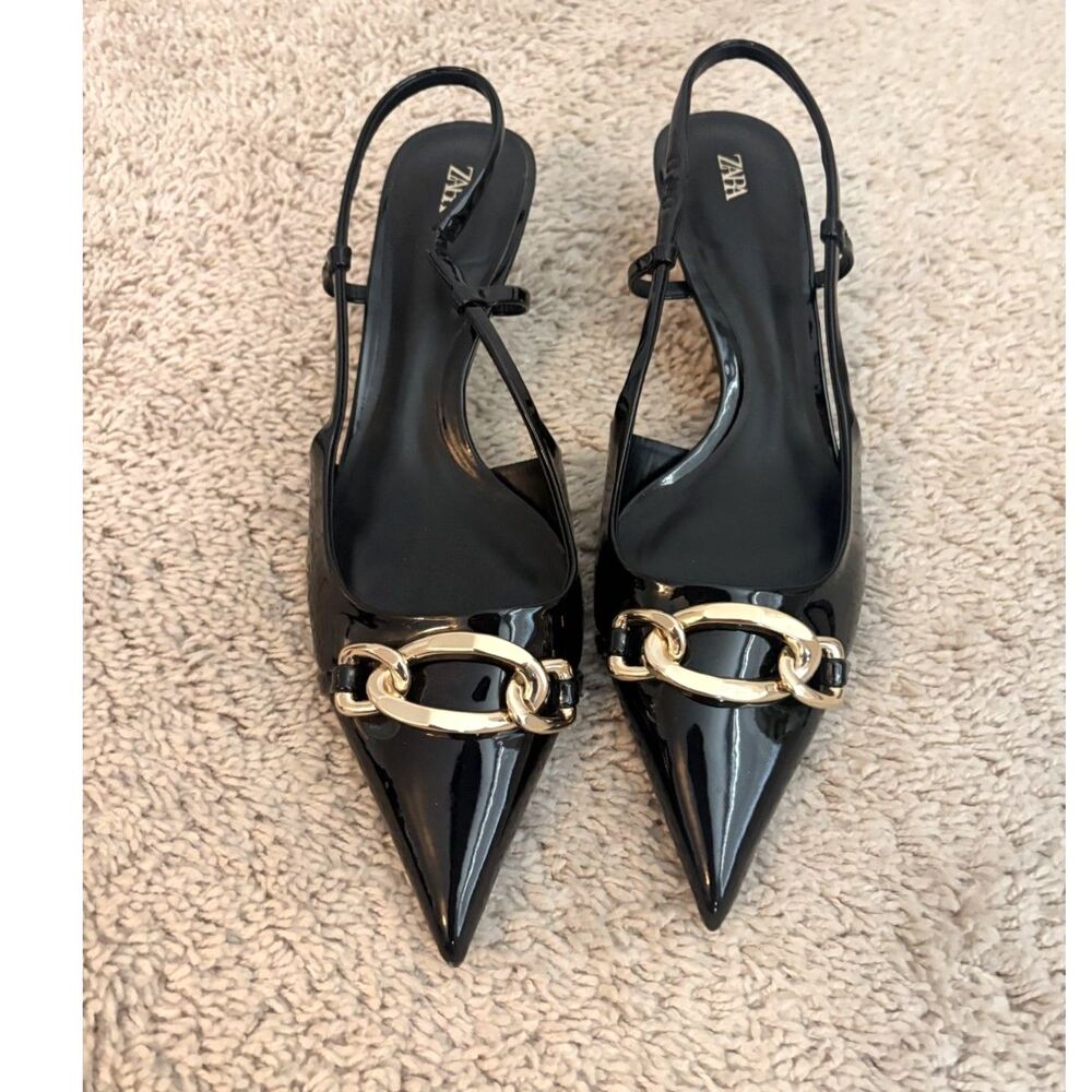 Zara Collection Black Patent Leather Slingback Kitten Heels Size EU 40 US 9 NEW - Picture 2 of 3
